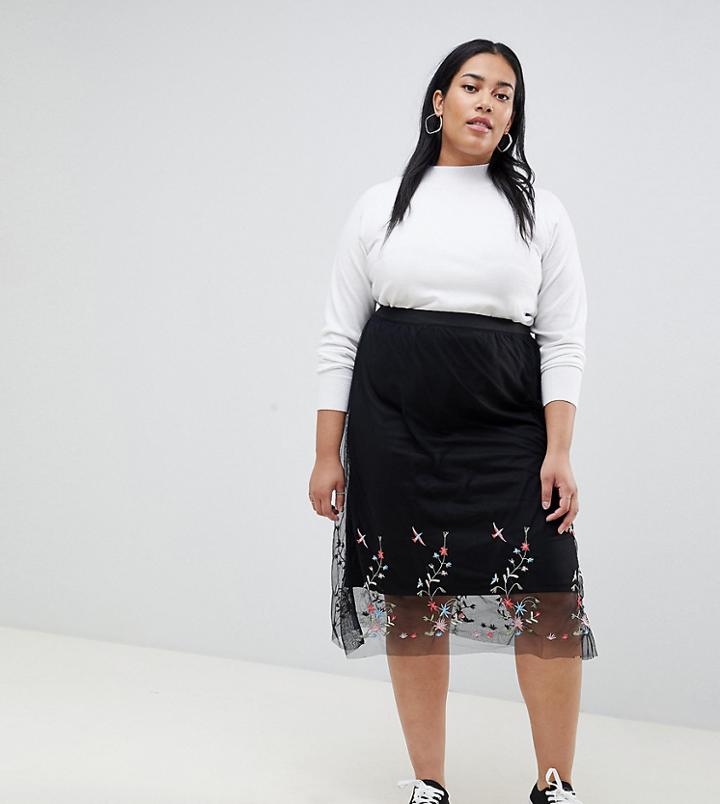 Koko Embroidered Mesh Skirt - Black