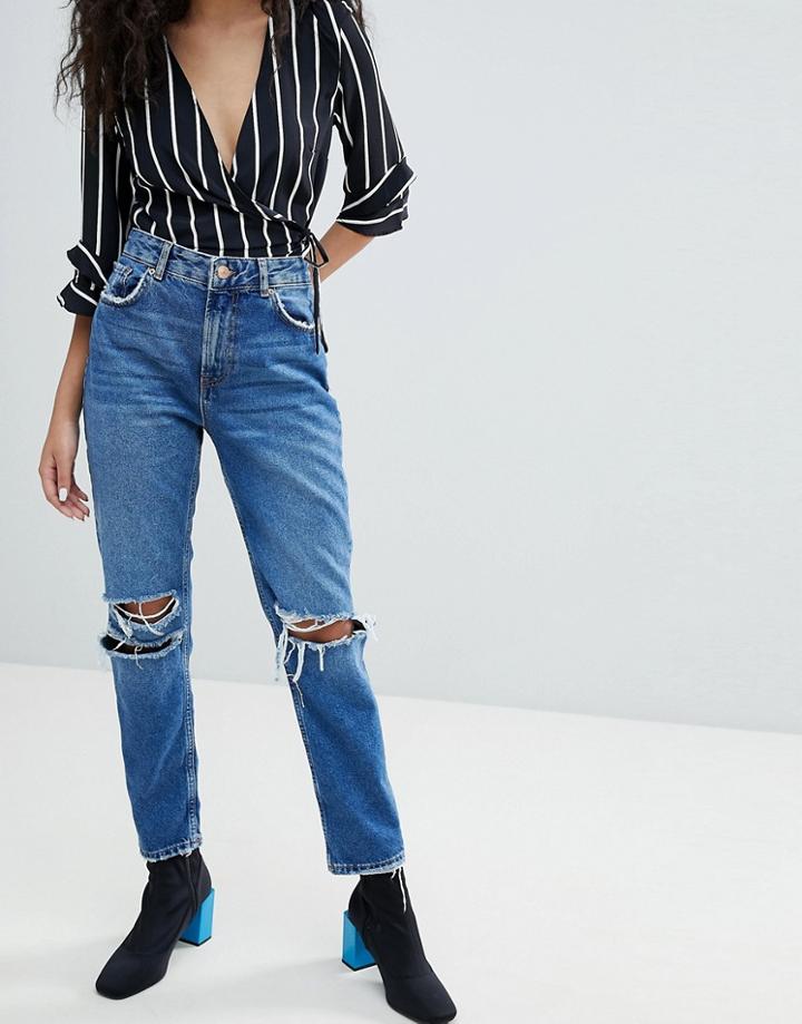 Bershka Ripped Knee Jean - Blue