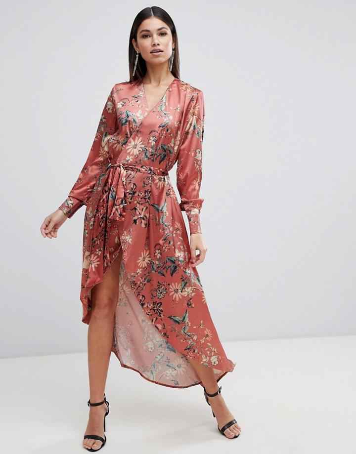 Club L Floral Long Sleeve Wrap Maxi Dress - Orange