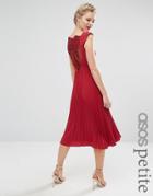 Asos Petite Wedding Lace And Pleat Back Midi Dress - Red
