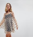 Asos Petite Sheer Smock Dress In Spot Mesh - Multi