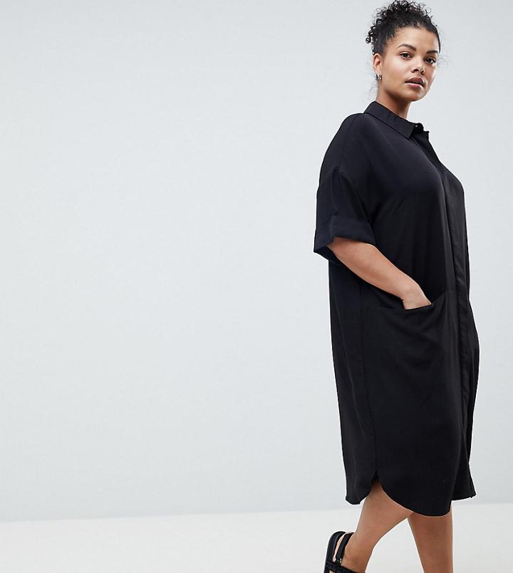 Asos Design Curve Short Sleeve Shirt Dress With Drape Pockets - Black