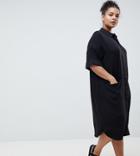 Asos Design Curve Short Sleeve Shirt Dress With Drape Pockets - Black
