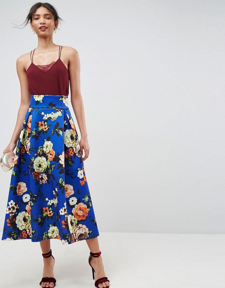 Asos High Waisted Scuba Midaxi Skirt In Floral Print - Blue