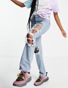 Asos Design Mid Rise '90's' Straight Leg Jeans In Lightwash With Rips-blues