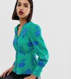 Boohoo Button Through Blouse In Green Floral - Multi