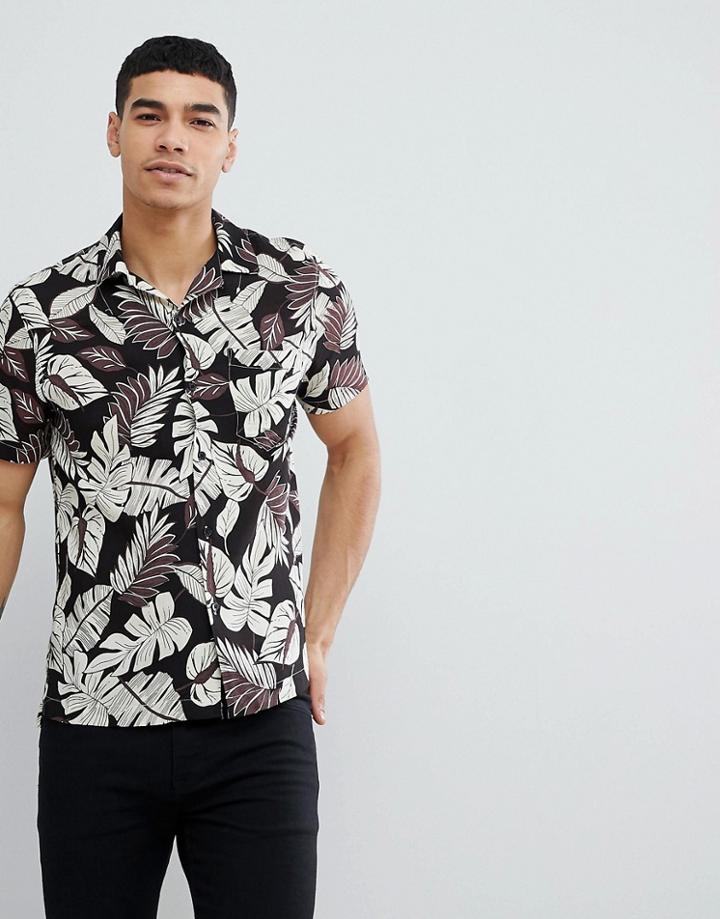 Religion Short Sleeve Revere Shirt With Leaf Print - Black