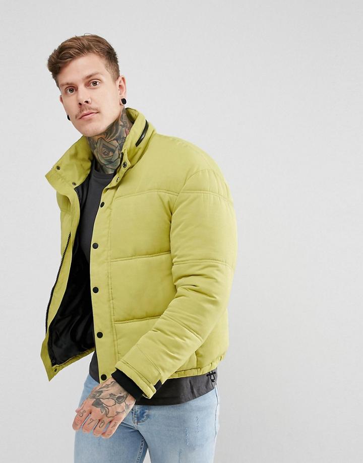 New Look Cropped Puffer Jacket With Concealed Hood In Lime Green - Green