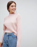 Asos Design Ribbed High Neck Sweater With Wide Sleeve-pink