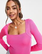 Stradivarius Square Neck Long Sleeve Top In Bright Pink