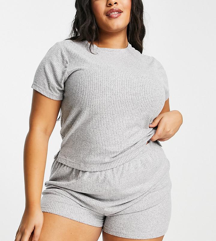 Asos Design Curve Lounge Super Soft Rib Tee & Short Set In Gray-grey