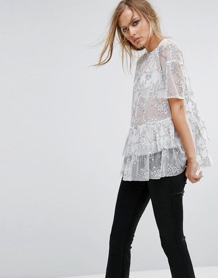 Lost Ink Smock Top With Embroidery - White