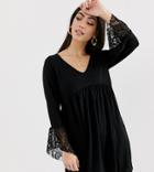 Asos Design Petite V Neck Swing Dress With Flared Lace Cuffs In Black-white