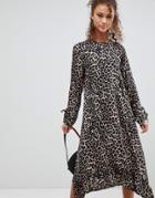 Asos Soft Trapeze Midi Dress With Pep Hem In Leopard Print - Multi
