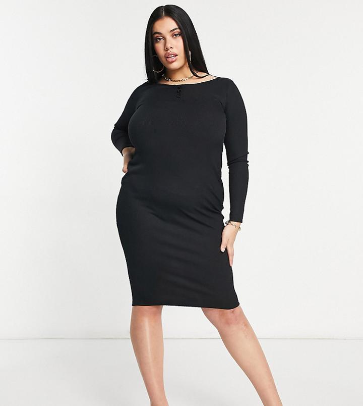 Flounce Plus Button Trim Ribbed Midi Dress In Black