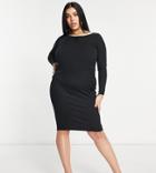 Flounce Plus Button Trim Ribbed Midi Dress In Black