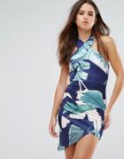 Parisian Leaf Print Halterneck Dress - Navy