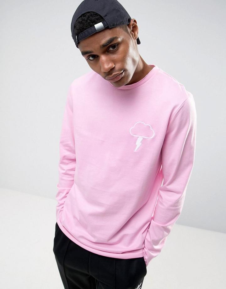 Asos Longline T-shirt With Cloud Embroidery - Pink
