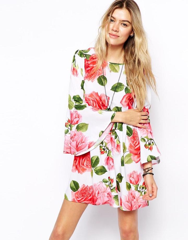 Asos Reclaimed Vintage Dress With Flute Sleeve In Rose Print