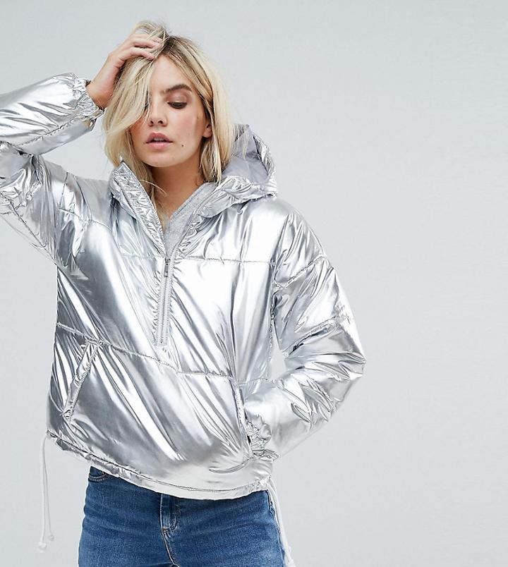 Noisy May Petite Metallic Puffer Jacket - Silver