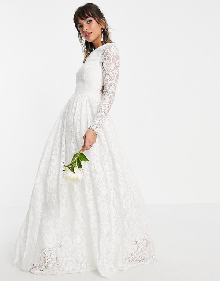 Asos Edition Odette Lace Long Sleeve Wedding Dress With Open Back-white