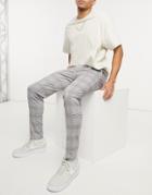 Jack & Jones Intelligence Skinny Jersey Check Pants In Gray & Burg-grey
