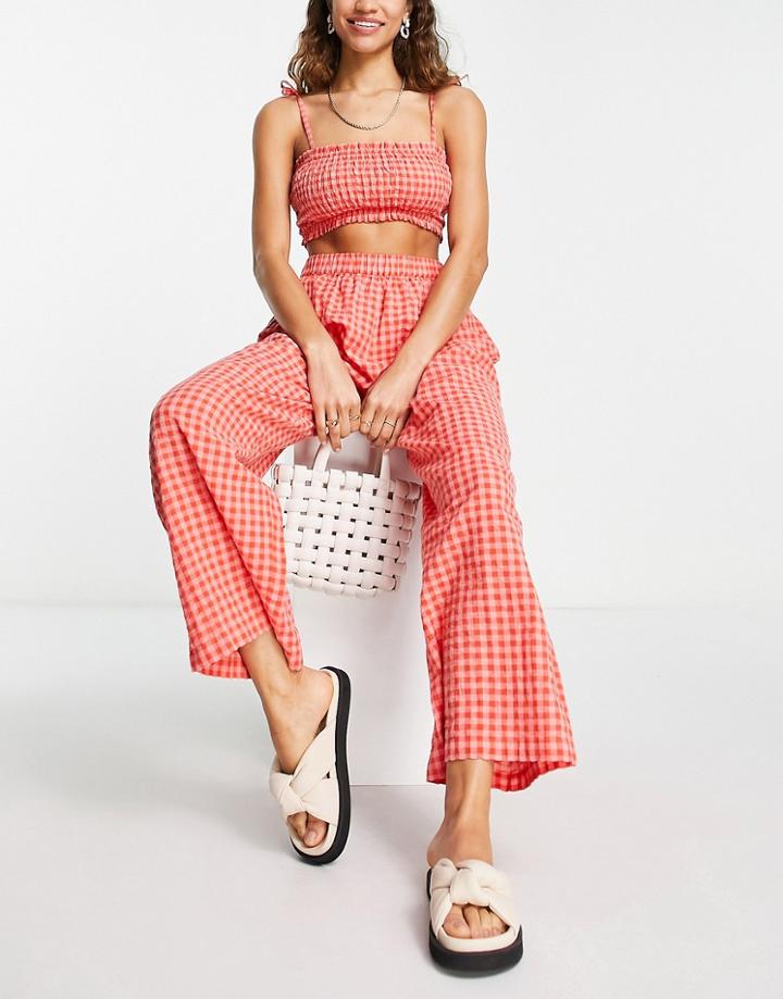 Topshop Gingham Shirred Cami And Pants Beach In Red And Pink - Part Of A Set-multi