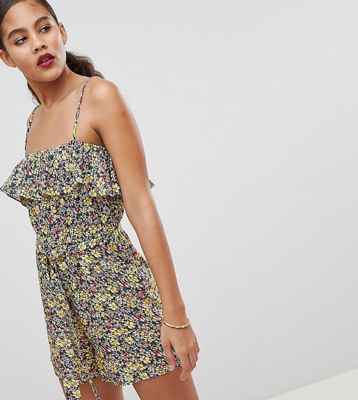 Fashion Union Tall Cami Romper With Ruffle In Vintage Ditsy Floral - Multi