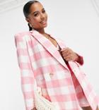Asos Design Petite Linen Check Double Breasted Suit Blazer In Check In Pink-multi