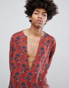 Asos Design Regular Fit Paisley Overhead Shirt With Low V Neck - Red