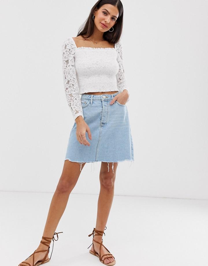 River Island Denim Mini Skirt With Frayed Hem In Mid Wash - Blue