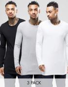 Asos Longline Muscle Long Sleeve T-shirt 3 Pack Save 23% - Multi