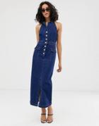 Asos Design Denim Halter Button Through Maxi Dress