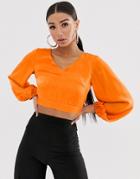 Koco & K V Neck Satin Crop Top With Blouson Sleeve In Orange - Orange