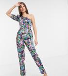 Asos Design Tall One Shoulder Puff Sleeve Jumpsuit In Pink Smudged Floral Print-multi