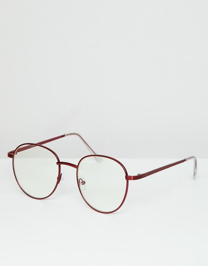 Asos Design Round Glasses In Red Metal With Clear Lens - Red