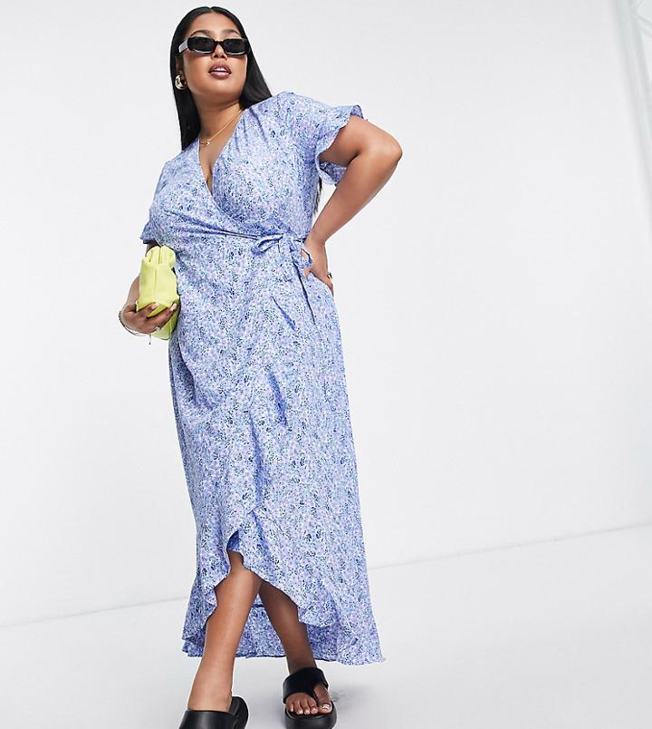 Vero Moda Curve Wrap Front Maxi Tea Dress In Blue Floral