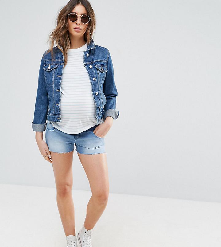Asos Maternity Denim Low Rise Shorts In Midwash Blue - Blue