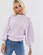 Asos Design Sweater In Lofty Yarn With Volume Sleeve-purple