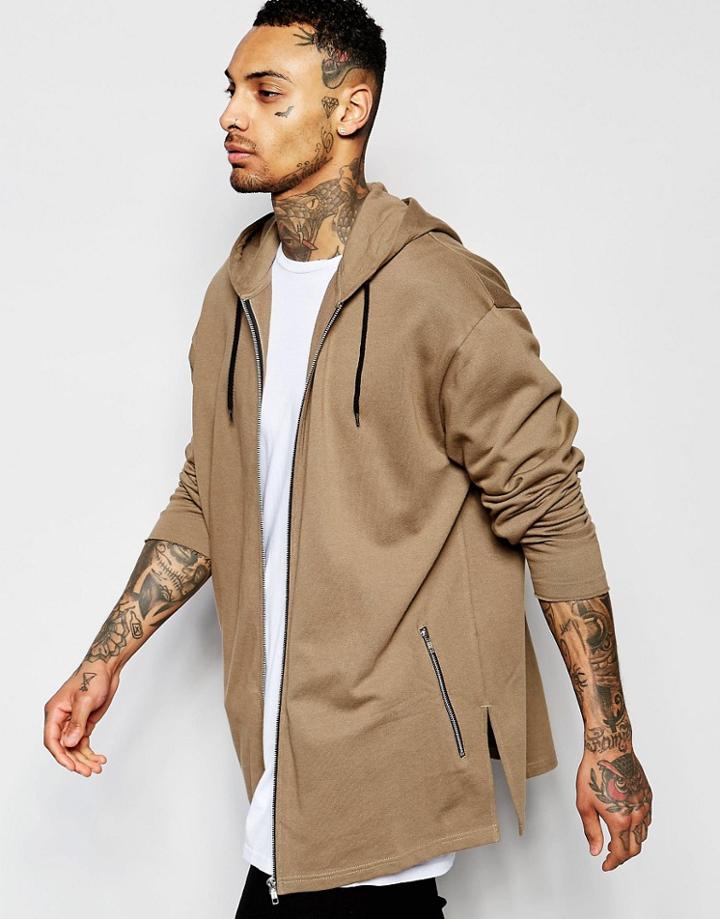 Asos Super Longline Oversized Zip Up Hoodie In Beige - Gray