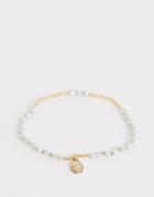 Asos Design Stretch Bracelet With Mini Faux Freshwater Pearls And Hammered Teardrop Charm In Gold Tone - Gold