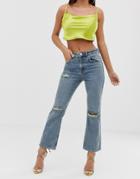 Asos Design Egerton Rigid Cropped Flare Jeans In Mid Aged Vintage Blue With Rips - Blue