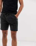 Asos Design Slim Short With Pleats In Textured Stripe - Navy
