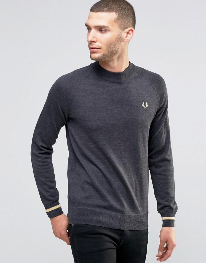 Fred Perry Laurel Wreath Sweater Turtleneck Tipped Cuff - Gray