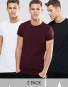 Asos 3 Pack Longline Muscle T-shirt With Roll Sleeve Save 17% In White/black/oxblood