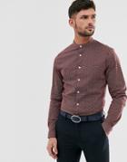 Asos Design Slim Fit Smart Shirt In Polka Dot With Grandad Collar In Burgundy-red