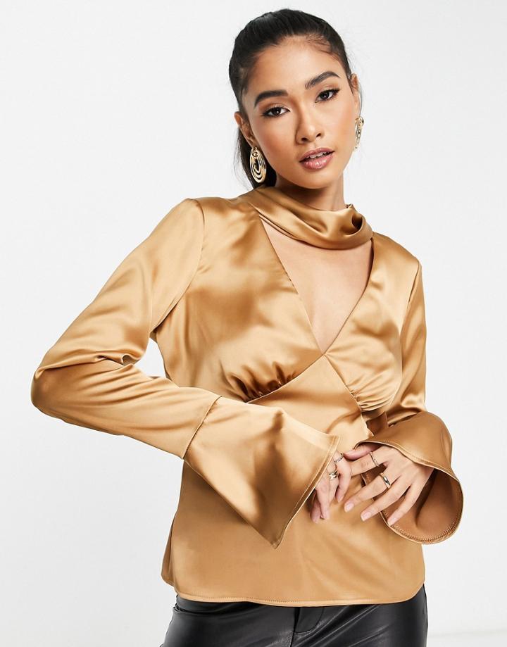 Asos Design Satin Long Sleeve Blouse With Neck Detail-neutral