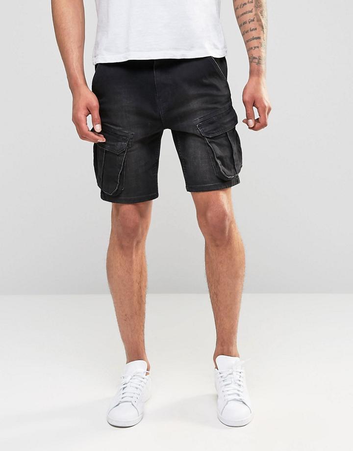 Asos Slim Fit Denim Shorts With Cargo Styling In Black - Black