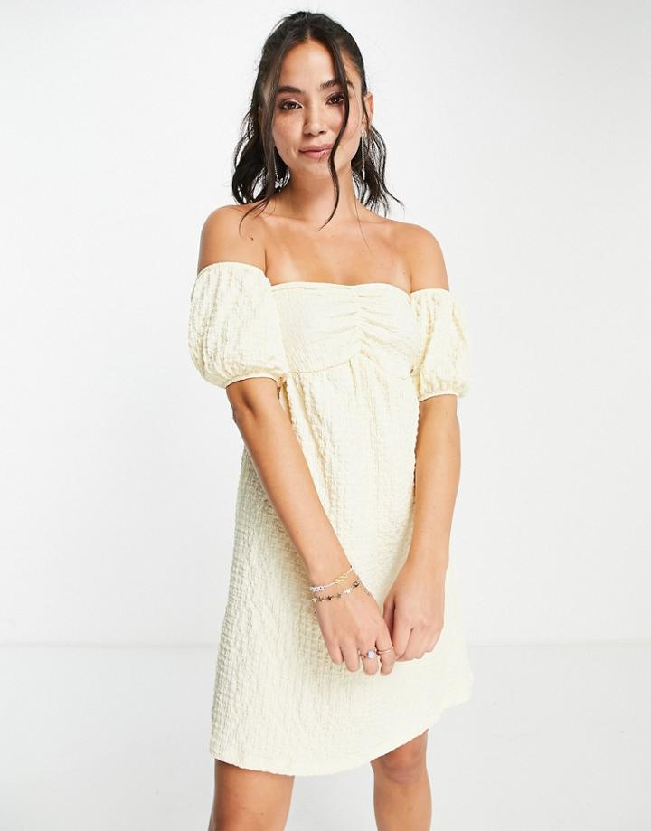 Monki Selin Off Shoulder Puff Sleeve Mini Dress In Yellow