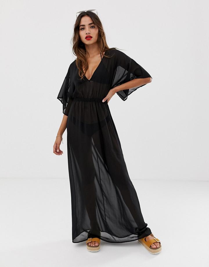 Asos Design Kimono Sleeve Tie Back Chiffon Maxi Beach Dress In Black